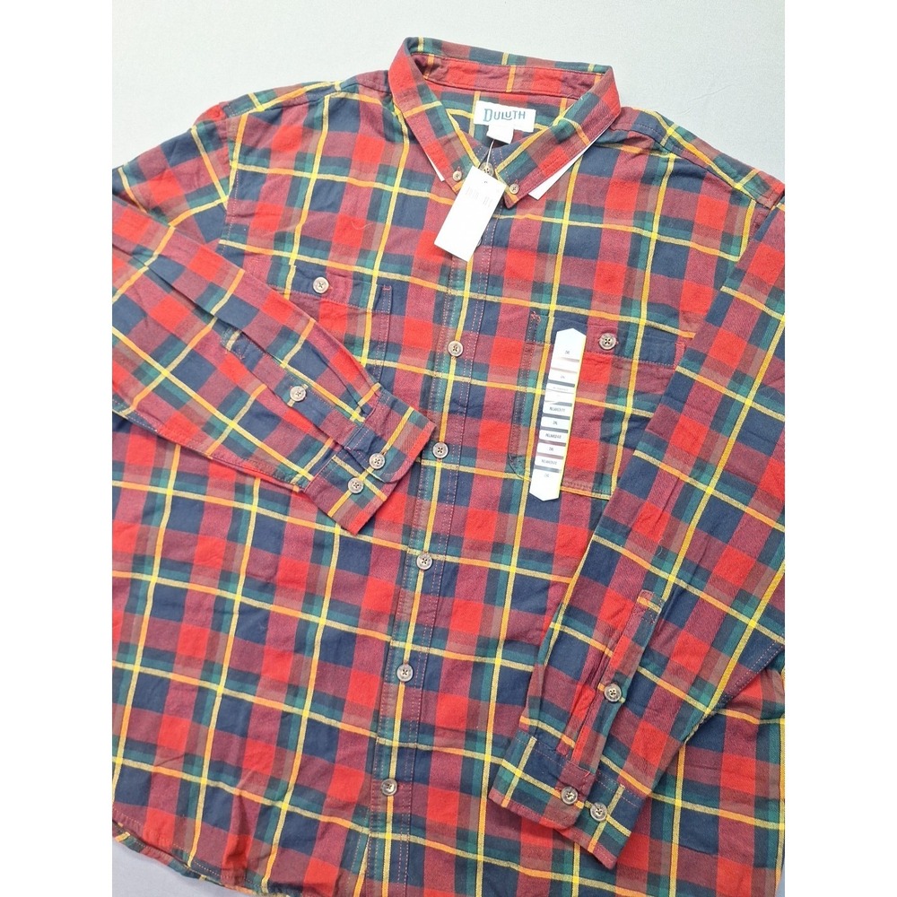 New Duluth Trading Mens 2XL Free Swinging Flannel Plaid Red Green Outdoor Hiking